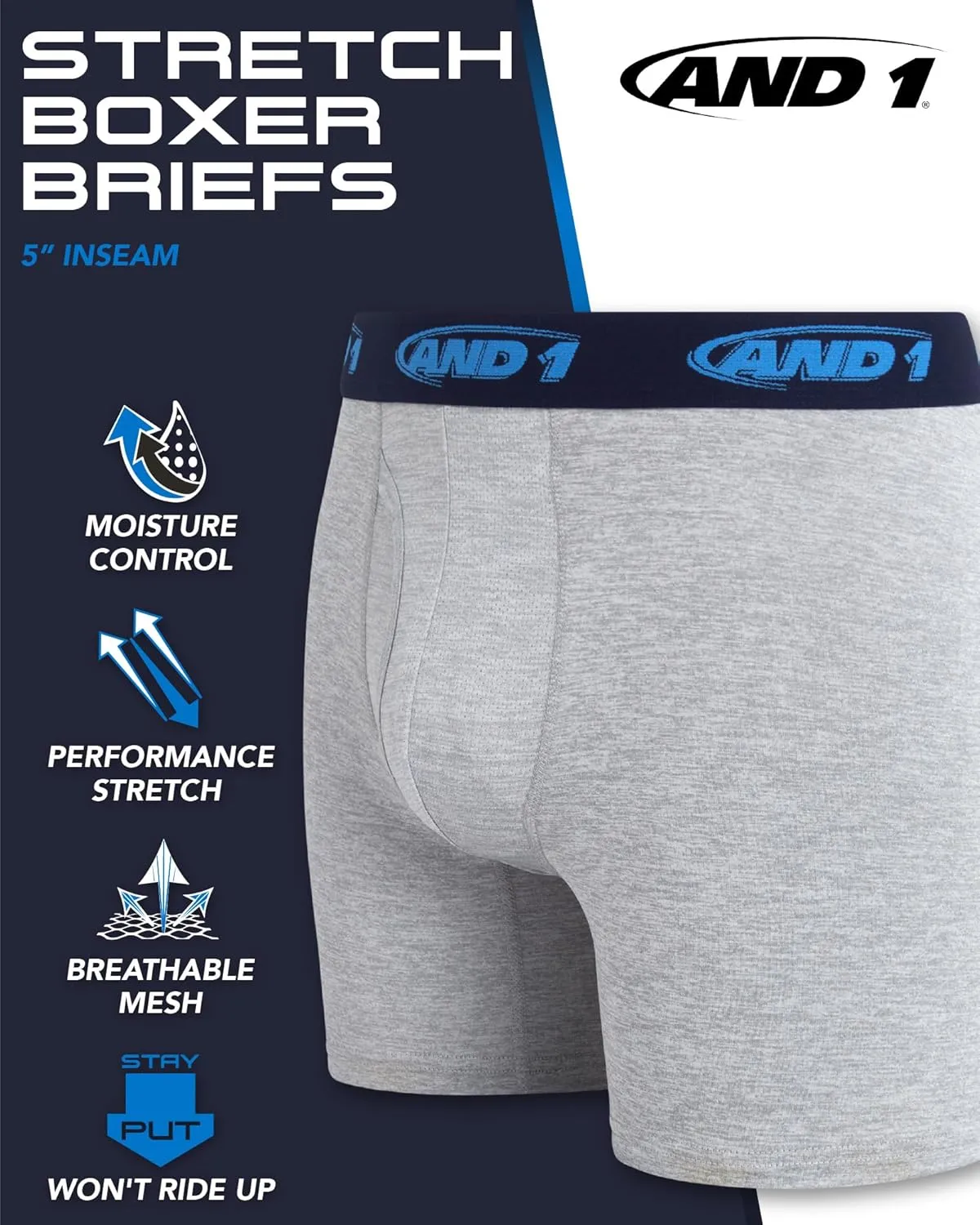 AND1 Mens Boxer Briefs - 6 Pack Stretch Performance Mens Underwear Boxers with Functional Fly Pouch (Sizes: S-3XL)