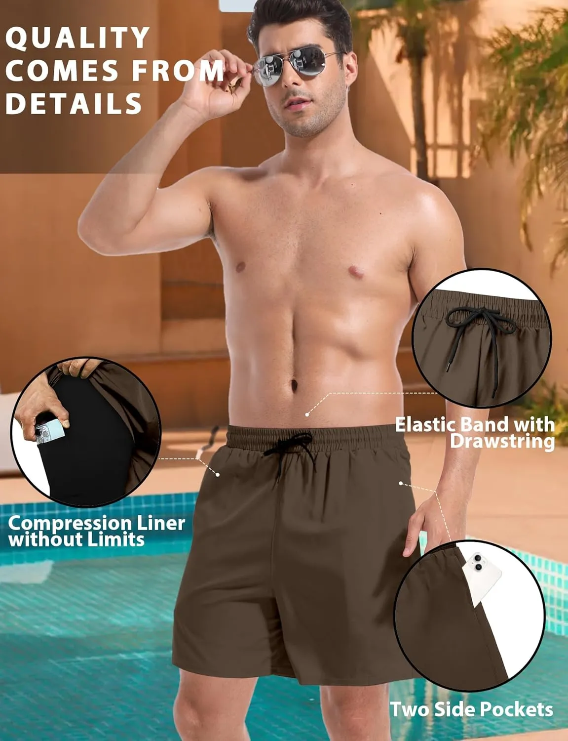Buauty Mens Swim Trunks with Compression Liner 5 Inch Inseam Quick Dry Swim Shorts Mens Swimsuit Board Shorts with Pockets