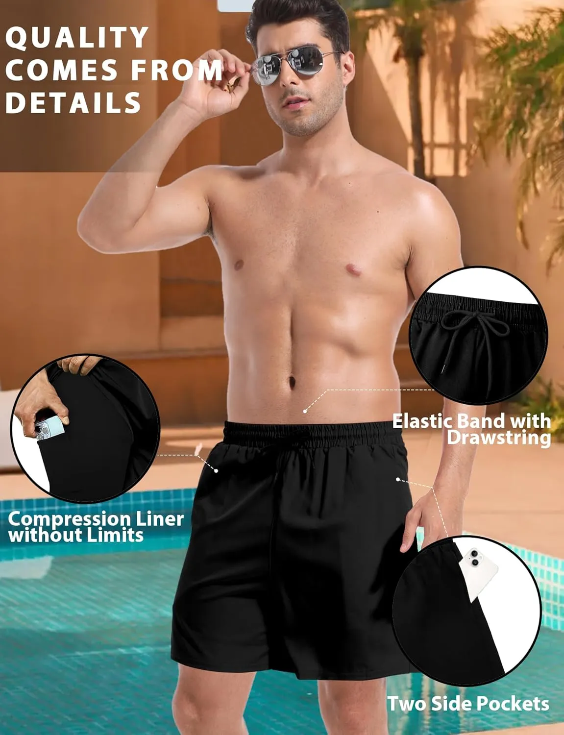Buauty Mens Swim Trunks with Compression Liner 5 Inch Inseam Quick Dry Swim Shorts Mens Swimsuit Board Shorts with Pockets