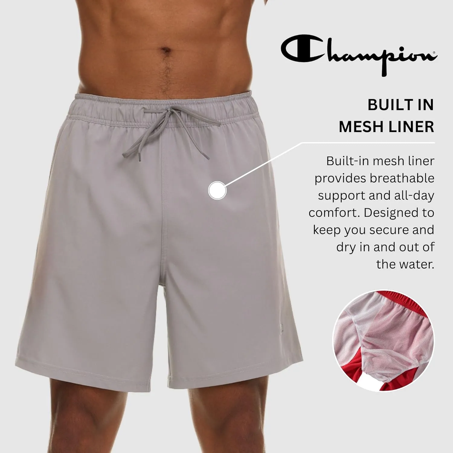 Champion Mens Swim Trunks with Mesh Liner, 7" Inseam Quick Drying Mens Bathing Suit, Board Shorts for Swimming and Beach
