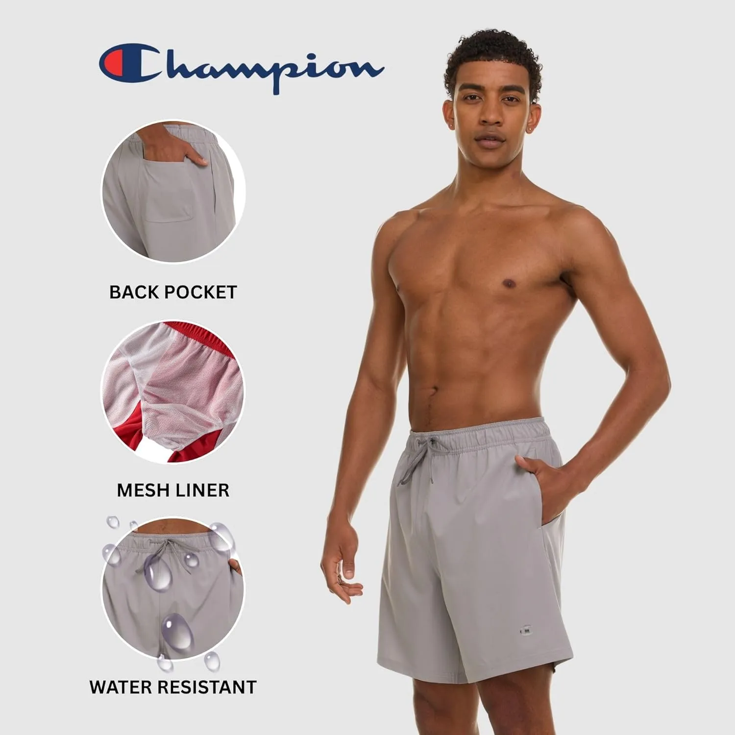 Champion Mens Swim Trunks with Mesh Liner, 7" Inseam Quick Drying Mens Bathing Suit, Board Shorts for Swimming and Beach