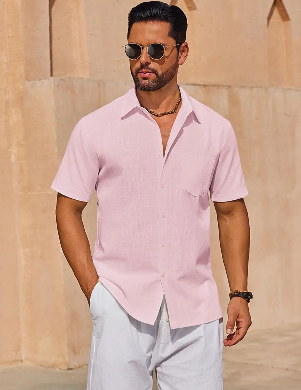 COOFANDY Mens Short Sleeve Button Down Shirts 100% Cotton Beach Style Textured Shirts