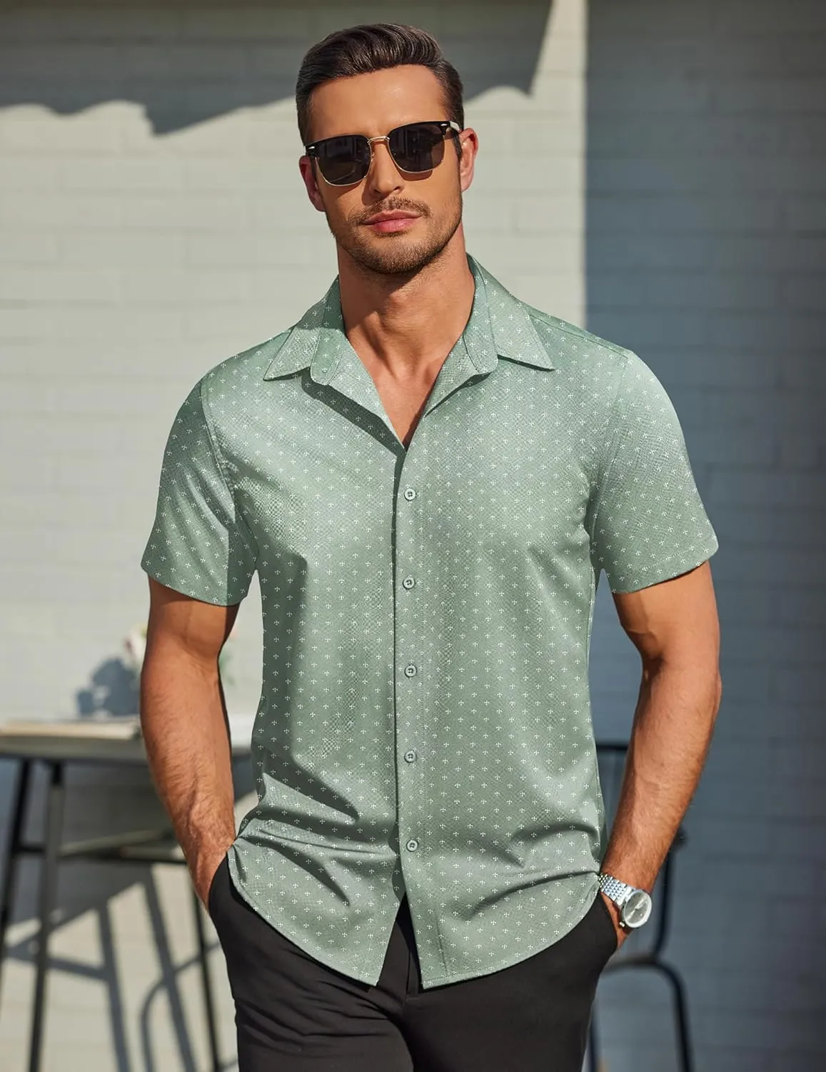 COOFANDY Mens Wrinkle Free Dress Shirt Polka Dot Short Sleeve Button Down Business Casual Shirts