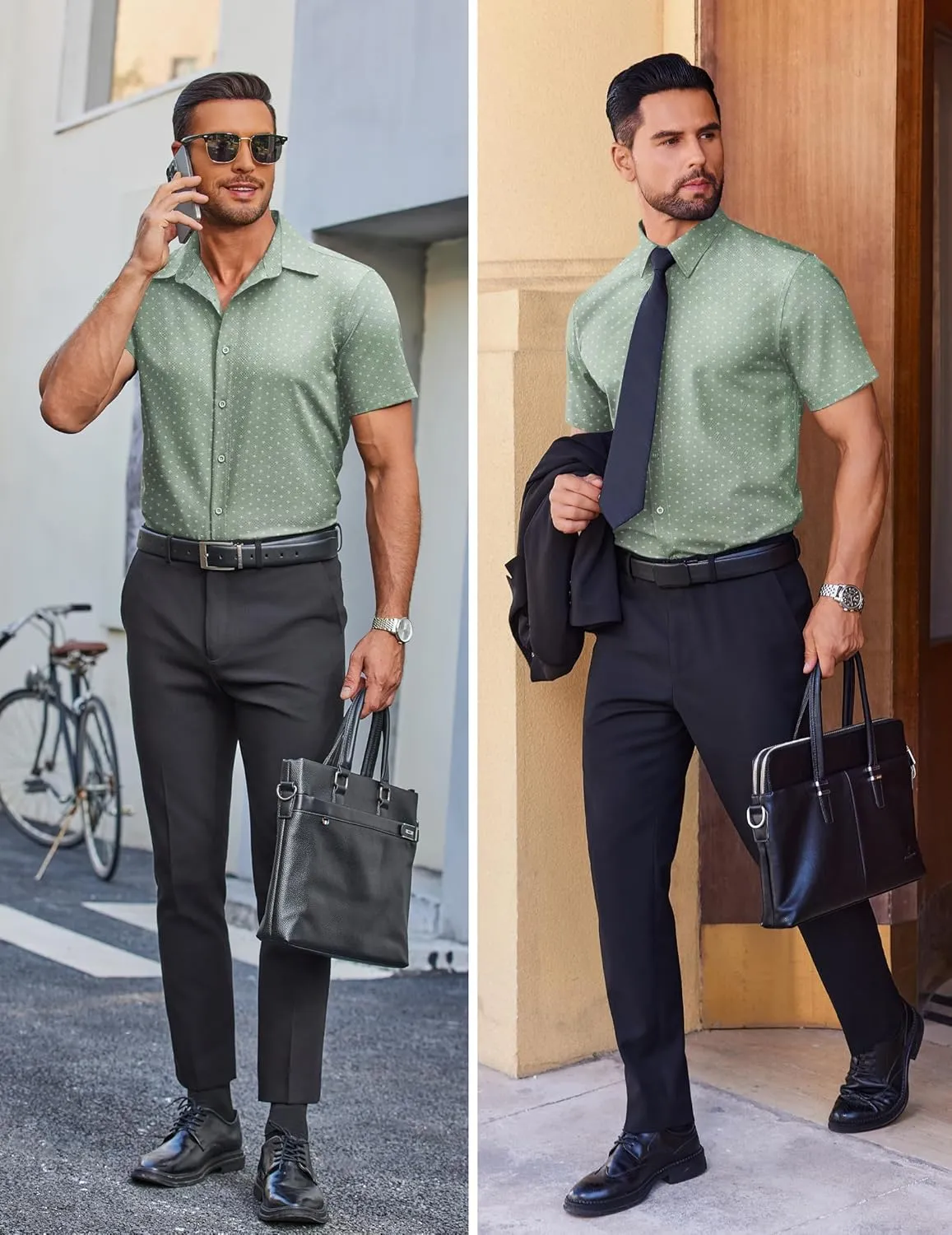COOFANDY Mens Wrinkle Free Dress Shirt Polka Dot Short Sleeve Button Down Business Casual Shirts