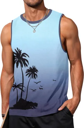 Mens Graphic Tank Tops Sleeveless Muscle Shirts Beach Hawaiian Coconut Tree Patriotic Tank Tops