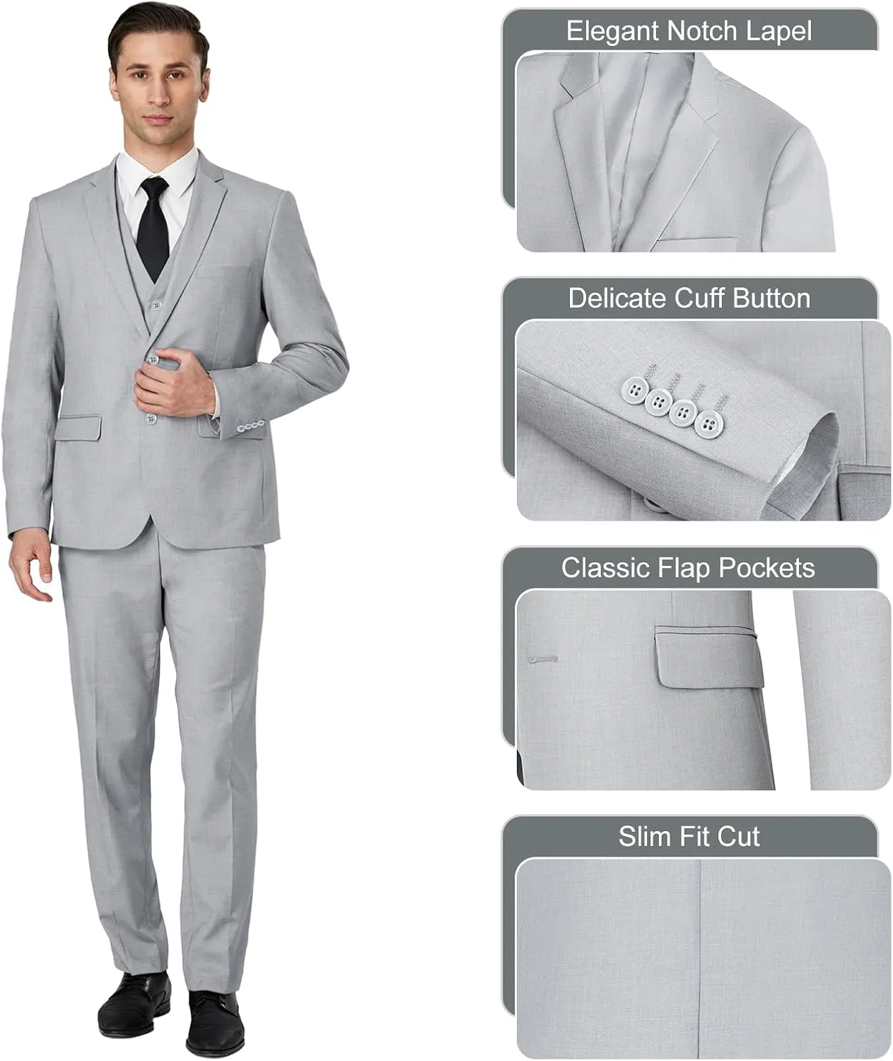 Men's Slim Fit 3 Piece Suit Set, Two Button Solid Blazer Jacket with Multi-Functional Pockets for Business/Party