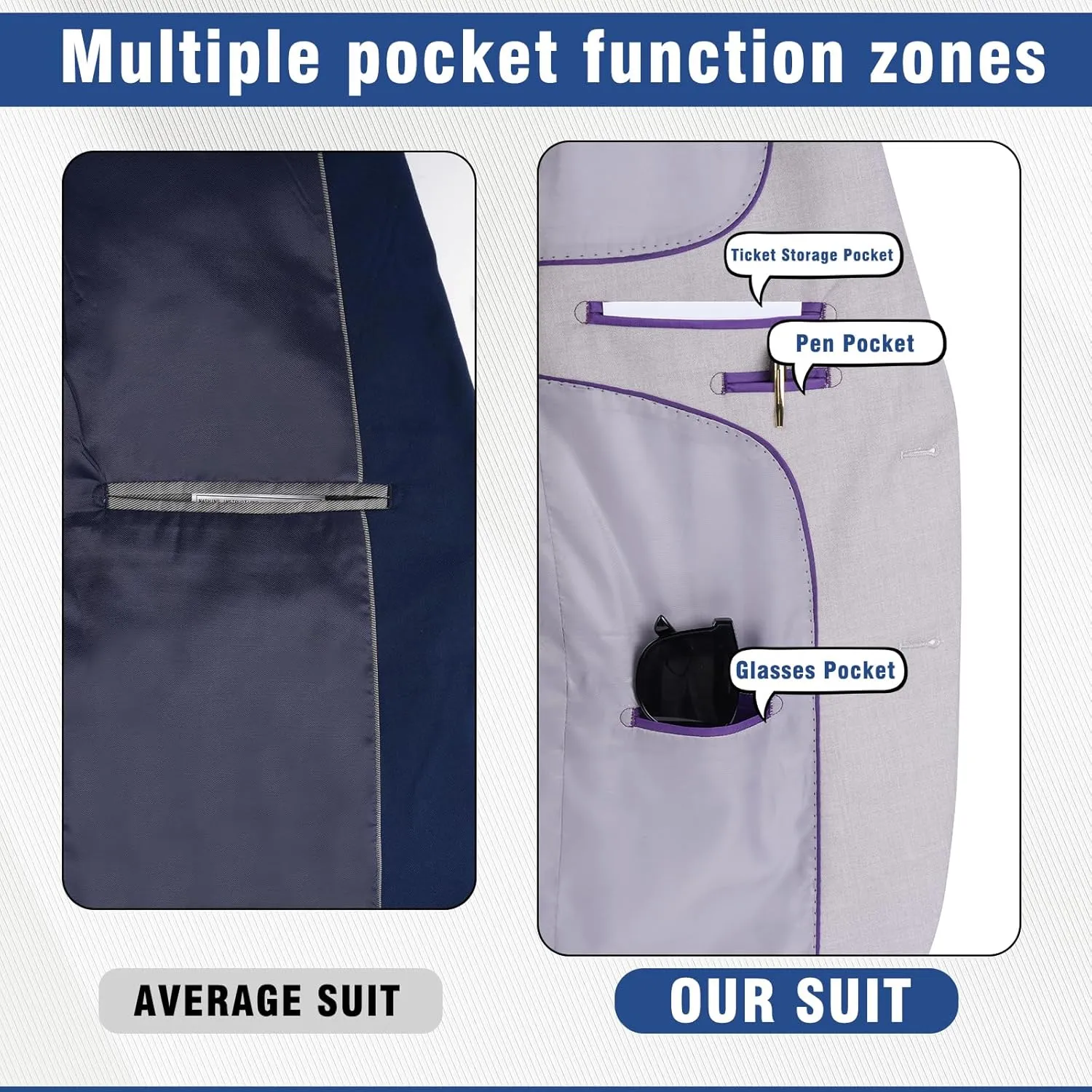 Men's Slim Fit 3 Piece Suit Set, Two Button Solid Blazer Jacket with Multi-Functional Pockets for Business/Party