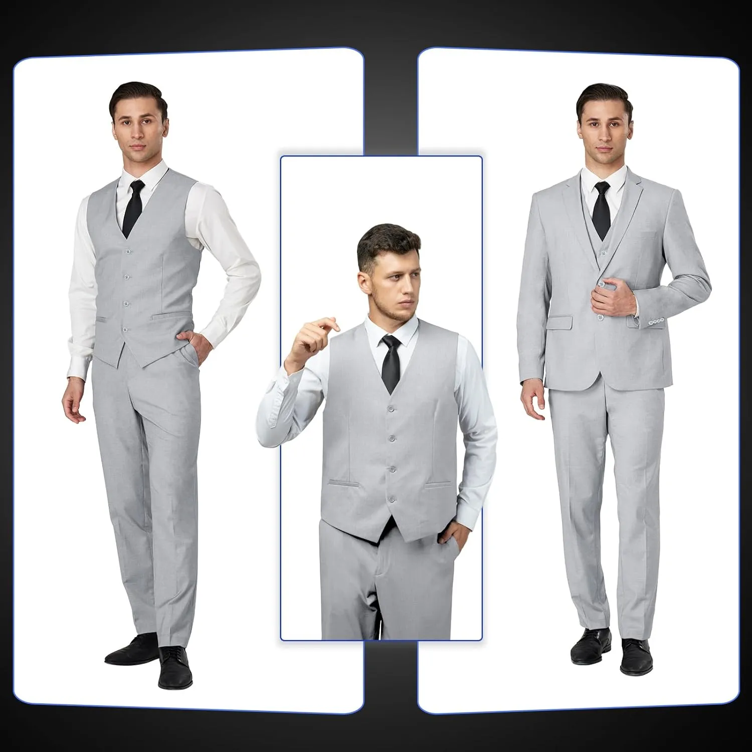 Men's Slim Fit 3 Piece Suit Set, Two Button Solid Blazer Jacket with Multi-Functional Pockets for Business/Party
