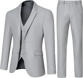 Men's Slim Fit 3 Piece Suit Set, Two Button Solid Blazer Jacket with Multi-Functional Pockets for Business/Party