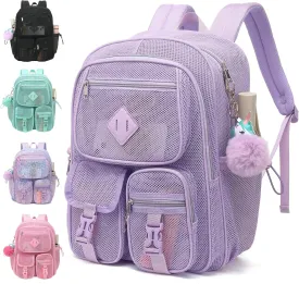 Mesh Backpack for Girls Boys, Heavy Duty Semi-Transparent Mesh Bookbag Womens Mens Mesh Backpacks for School, Sports, Beach, Swimming, Travel Purple