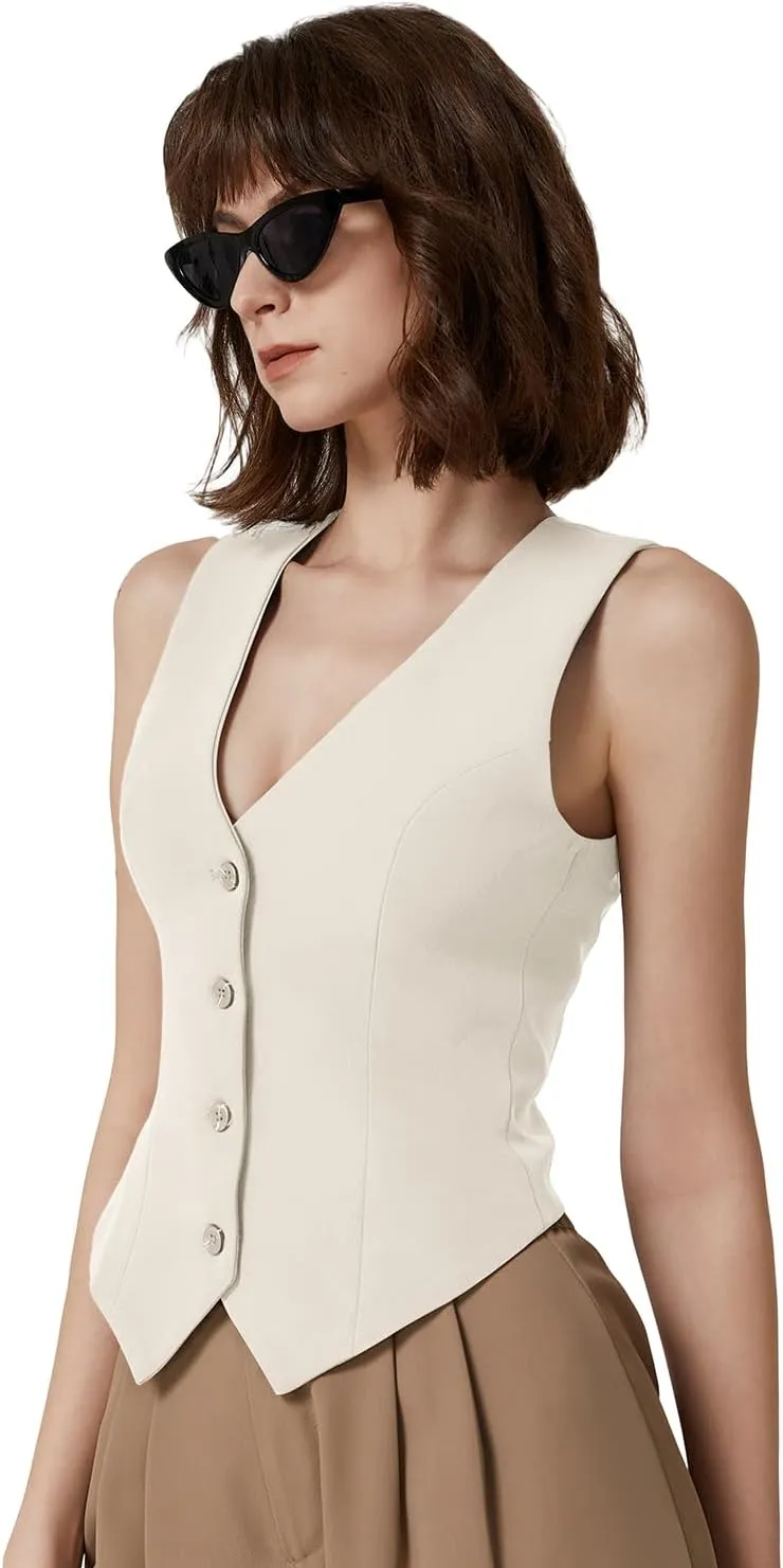 QINSEN Womens V Neck Vest Top Sleeveless Button Down Fully Lined Solid Going Out Crop Tops
