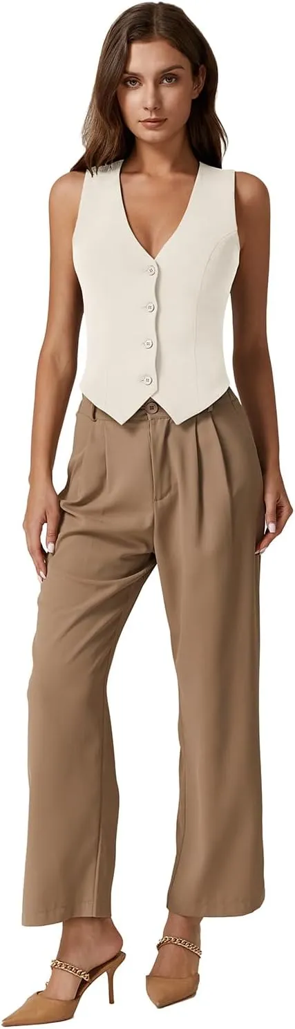 QINSEN Womens V Neck Vest Top Sleeveless Button Down Fully Lined Solid Going Out Crop Tops