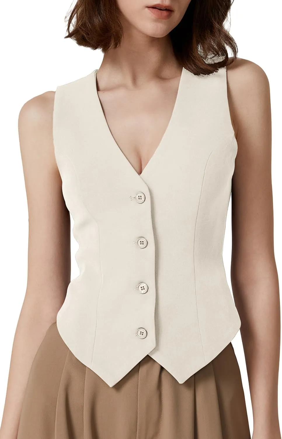 QINSEN Womens V Neck Vest Top Sleeveless Button Down Fully Lined Solid Going Out Crop Tops