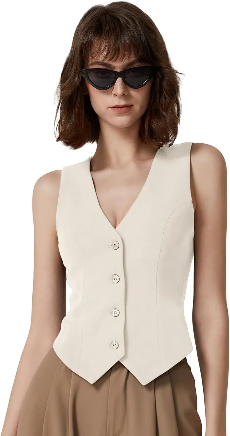 QINSEN Womens V Neck Vest Top Sleeveless Button Down Fully Lined Solid Going Out Crop Tops