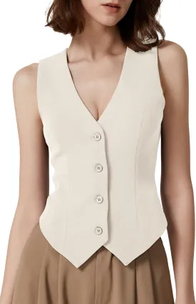 QINSEN Womens V Neck Vest Top Sleeveless Button Down Fully Lined Solid Going Out Crop Tops